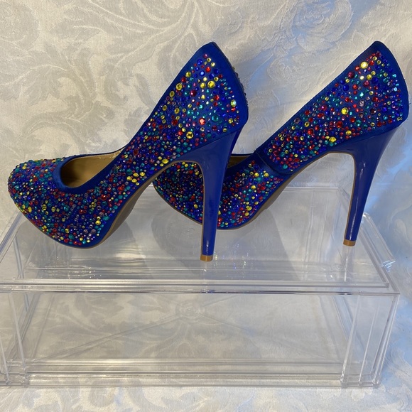 INC international concepts blue satin stiletto heels colorful rhinestones 6 - Picture 4 of 11